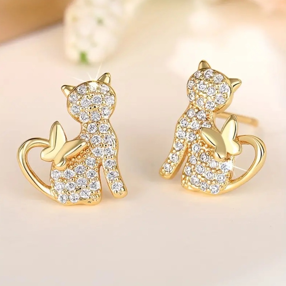 Gold Cubic Zirconia Cat Earrings, Cat and Butterfly Earrings